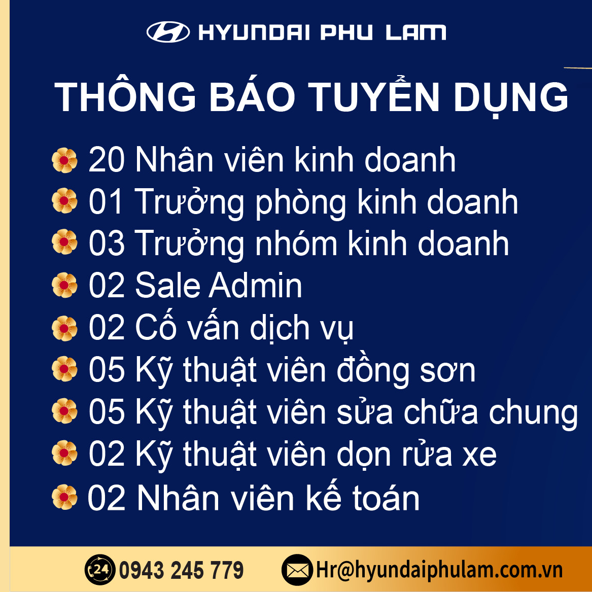 HYUNDAI PHÚ LÂM – THÔNG BÁO TUYỂN DỤNG - THÁNG 2.2022